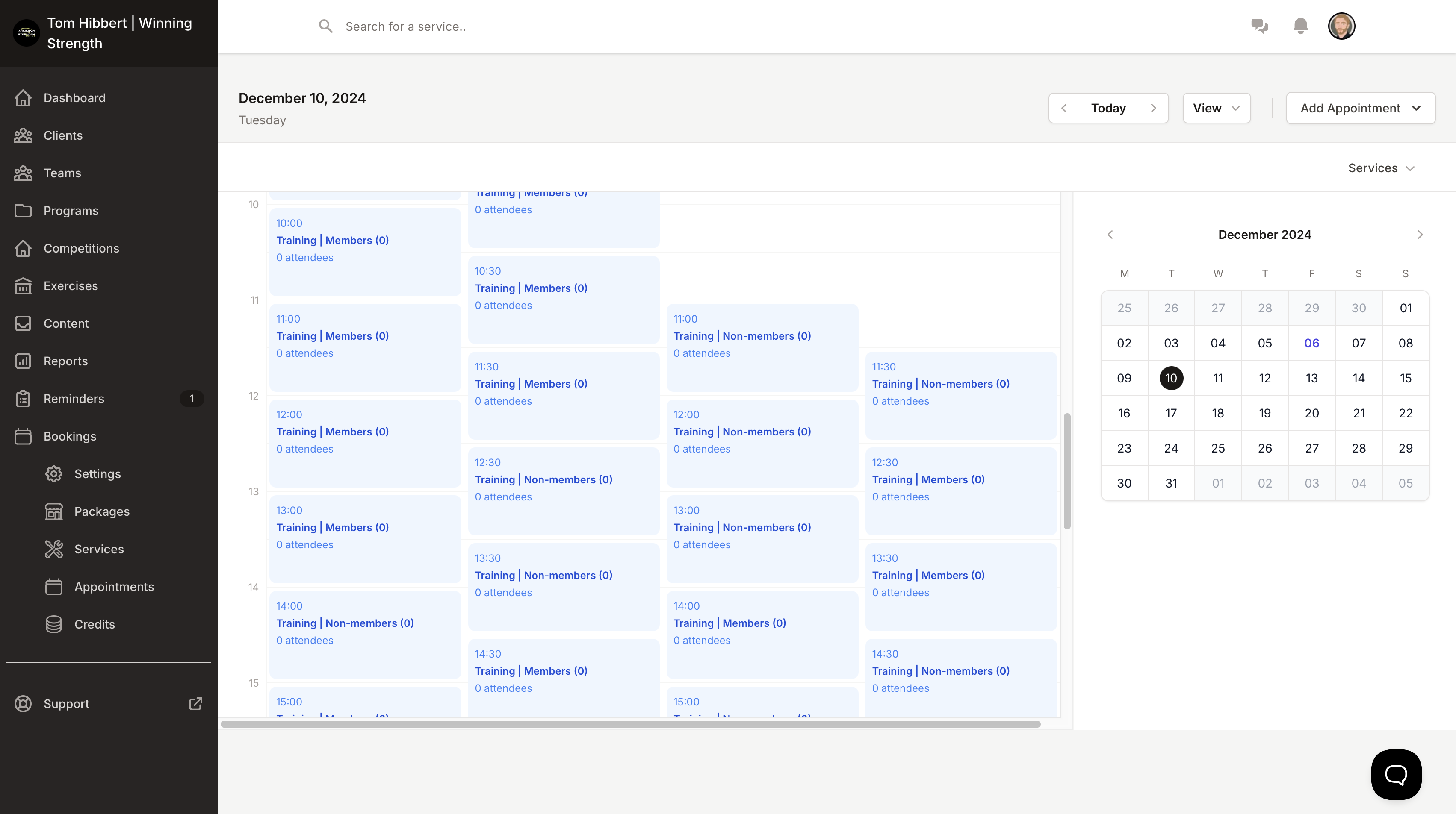 Coach bookings calendar screenshot